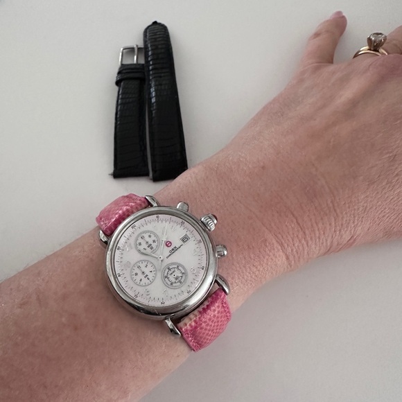 Michele Stainless Chronograph Watch Y2K with pink and black leather straps - Picture 7 of 8